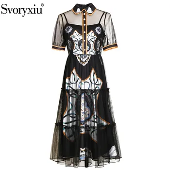 Svoryxiu Sexy Black Mesh Party Dress Women's Fashion Short Sleeve Vintage Chain Printed Runway Summer Mid-Calf Dress Vestdios 
Svoryxiu Sexy Black Mesh Party Dress Women's Fashion Short Sleeve Vintage Chain Printed Runway Summer Mid-Calf Dress Vestdios