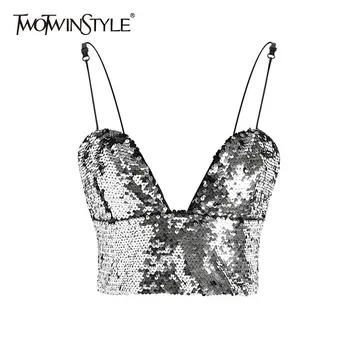 TWOTWINSTYLE 2020 Autumn Sequins Sliver Tops Female Sleeveless Bralette Sexy Suspender Bustier Top Korean Fashion Clothing New
TWOTWINSTYLE 2020 Autumn Sequins Sliver Tops Female Sleeveless Bralette Sexy Suspender Bustier Top Korean Fashion Clothing New