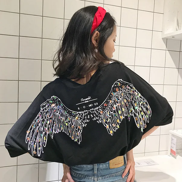 Tumblr T Shirts Online Summer New Backside Pattern Wings Sequins Bat Sleeves Loose Thin Sleeve Students T-shirt Women
Tumblr T Shirts Online Summer New Backside Pattern Wings Sequins Bat Sleeves Loose Thin Sleeve Students T-shirt Women