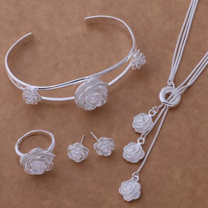Silver 925 Jewelry Set for Women Fashion Flower Necklace Bracelet Bangles Earring Ring 4 Pcs Bridal Costume Jewelry Sets Gifts
Silver 925 Jewelry Set for Women Fashion Flower Necklace Bracelet Bangles Earring Ring 4 Pcs Bridal Costume Jewelry Sets Gifts