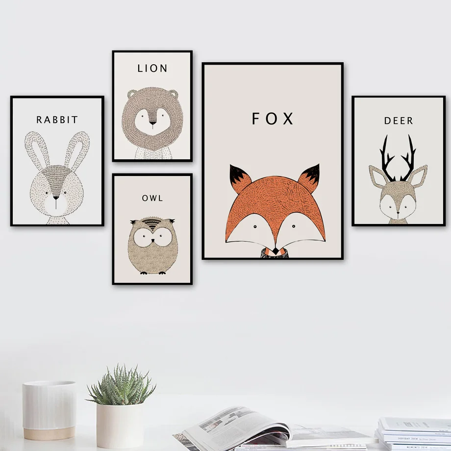 

Fox Rabbit Deer Lion Owl Wall Art Canvas Painting Cartoon Nordic Posters And Prints Wall Pictures For Kids Room Baby Room Decor