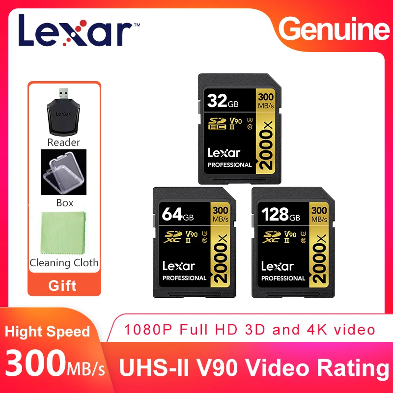 Lexar Professional 2000x 300Mb/s High Speed SD SDHC SDXC 32GB 64GB 128GB UHS-II U3 Memory Card For 3D 4K Full HD Video Camera
Lexar Professional 2000x 300Mb/s High Speed SD SDHC SDXC 32GB 64GB 128GB UHS-II U3 Memory Card For 3D 4K Full HD Video Camera