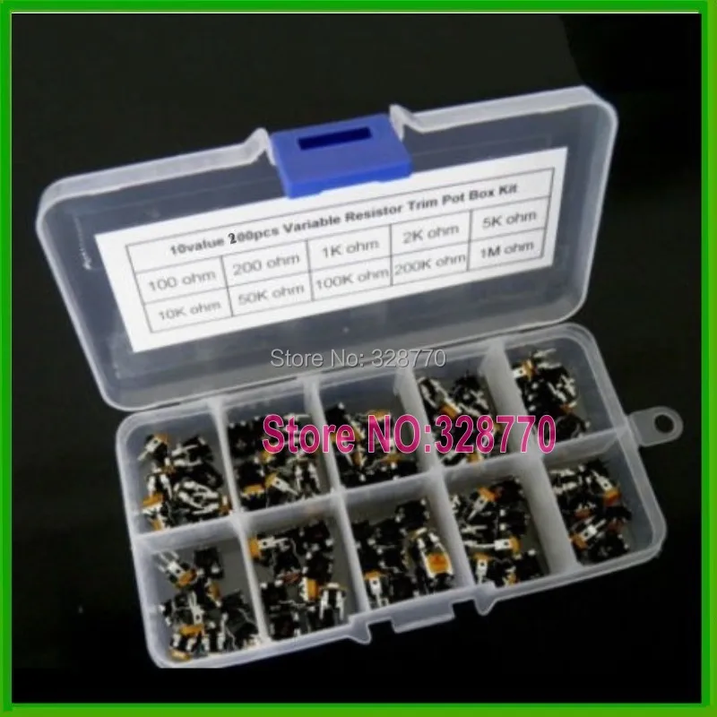 FreeShipping 10Value 200PCS Variable Resistor Trim Pot Trimming Potentiometer Box Kit 100R 200R 1K 2K 5K 10K 50K 100K 200K 1M |