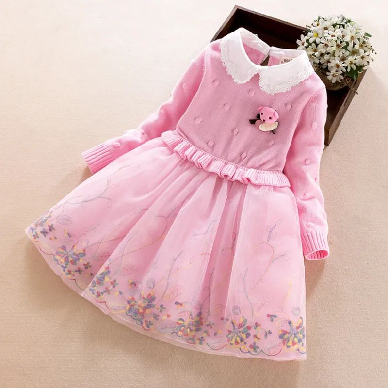 New Adorable Little Girls Warm Princess Dress Knitting Winter Party Dresses