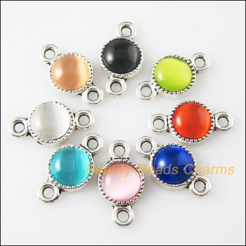 New 8Pcs Mixed Tibetan Silver Cat Eye Stone Round Charms Pendants Connectors 10x18.5mm