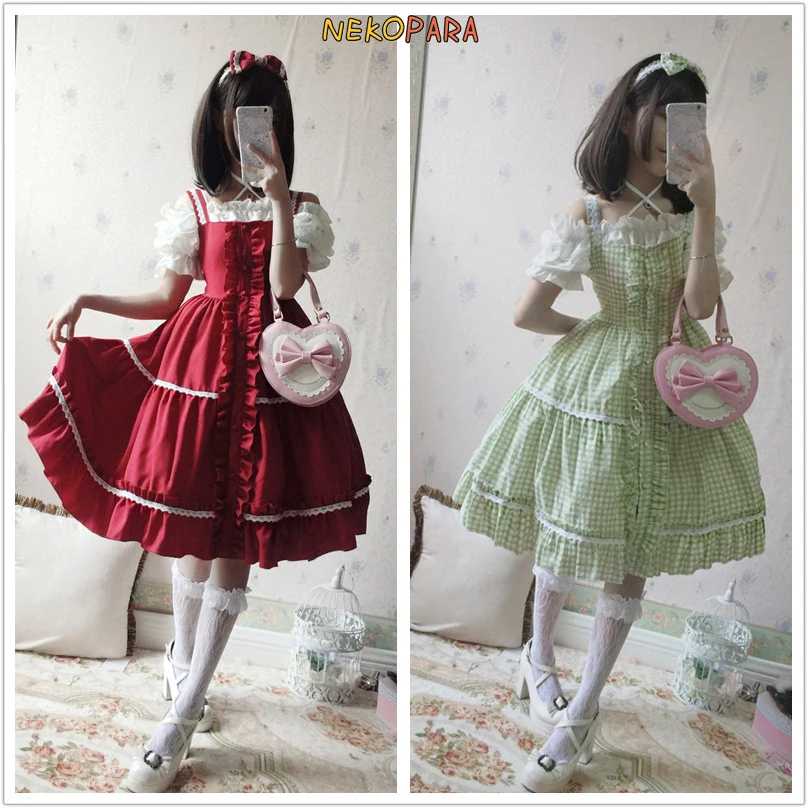 Cute Women's Lolita JSK Dress Solid/Plaid Sleeveless Suspender Dress Stringy Selvedge Lace Trim One Piece Cute Colors Red/Green
Cute Women's Lolita JSK Dress Solid/Plaid Sleeveless Suspender Dress Stringy Selvedge Lace Trim One Piece Cute Colors Red/Green