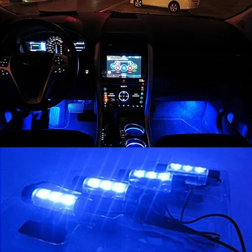 4x Blue 12v Car Interior Decorative Neon Under Dash Floor 3 Led Light Strip Lamp