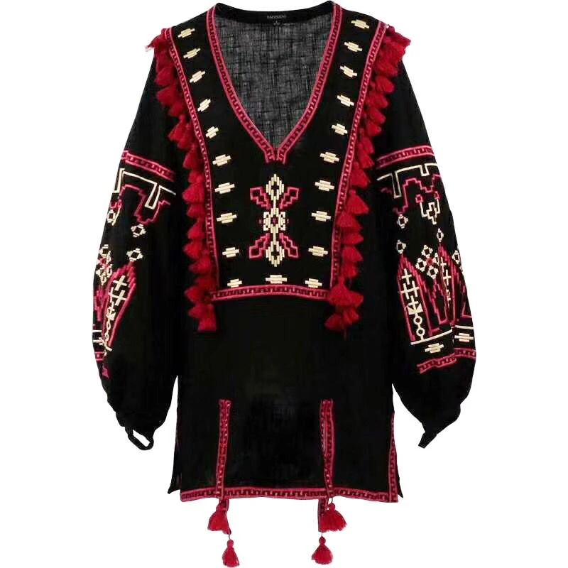 lantern tassel bohemian embroidery blouse black | Женская одежда