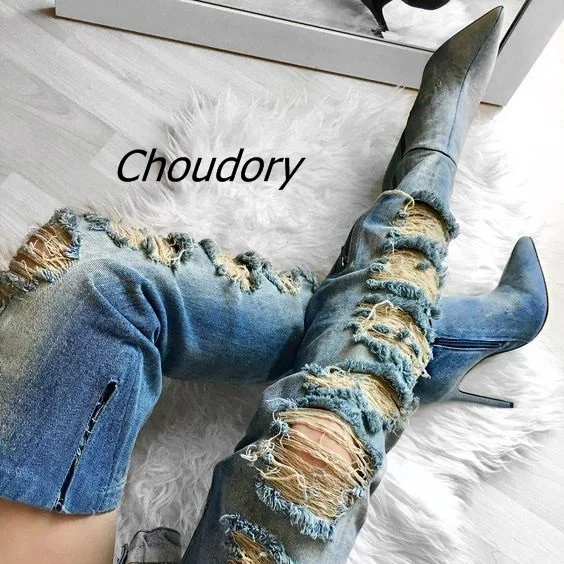 2017 Latest Style Scuffed Up Blue Denim Thigh High Boots Pointy Stiletto Heel Shoes Fashion Washed Jeans Over Knee High Boots
2017 Latest Style Scuffed Up Blue Denim Thigh High Boots Pointy Stiletto Heel Shoes Fashion Washed Jeans Over Knee High Boots