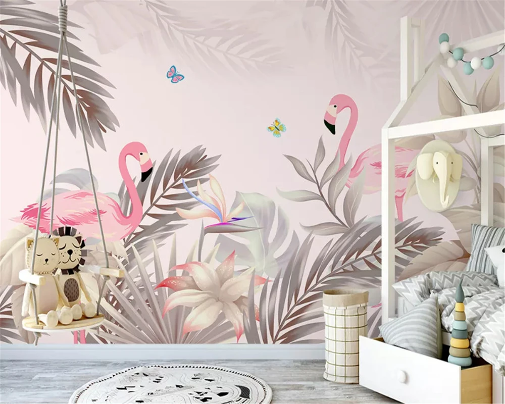

beibehang Modern personality papel de parede 3d wallpaper hand drawn nordic tropical palm tree plant flamingo indoor background