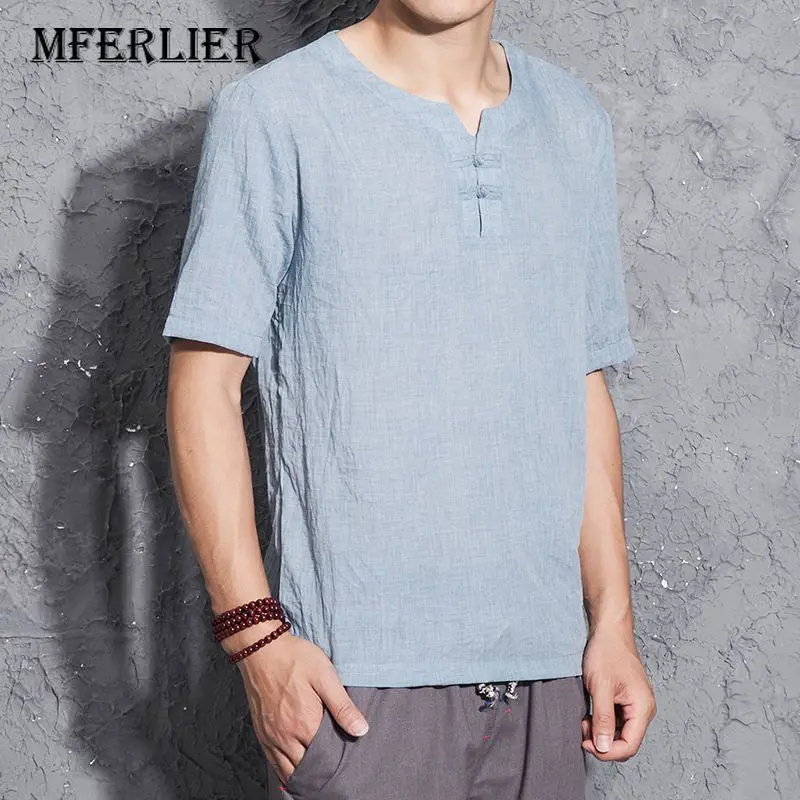 Мужская винтажная рубашка MFERLIER хлопковая льняная с коротким рукавом размер M-5XL |