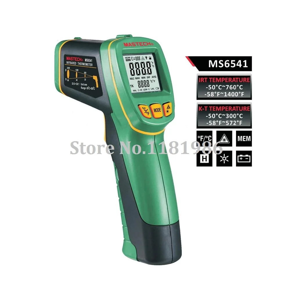 MASTECH MS6541 Handheld Non-contact Infrared Thermometer Point Temperature Gun -50C~760C with K-type Thermocouple Temperature
MASTECH MS6541 Handheld Non-contact Infrared Thermometer Point Temperature Gun -50C~760C with K-type Thermocouple Temperature