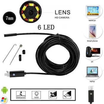 6pc LED Endoscopy Cam Android Endoscope Camera 7mm Lens OTG USB Endoscopie Ip67 Waterproof Snake Endoscopy Inspection 5M Cable