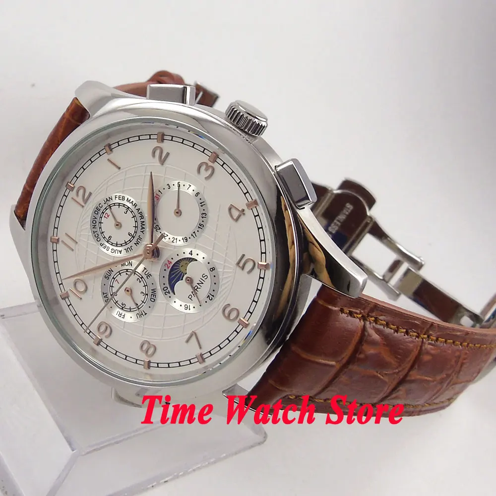 Parnis 44mm Multifunction Automatic Men's watch Moon phase week calander display White dial gold hands deployant clasp 18
Parnis 44mm Multifunction Automatic Men's watch Moon phase week calander display White dial gold hands deployant clasp 18