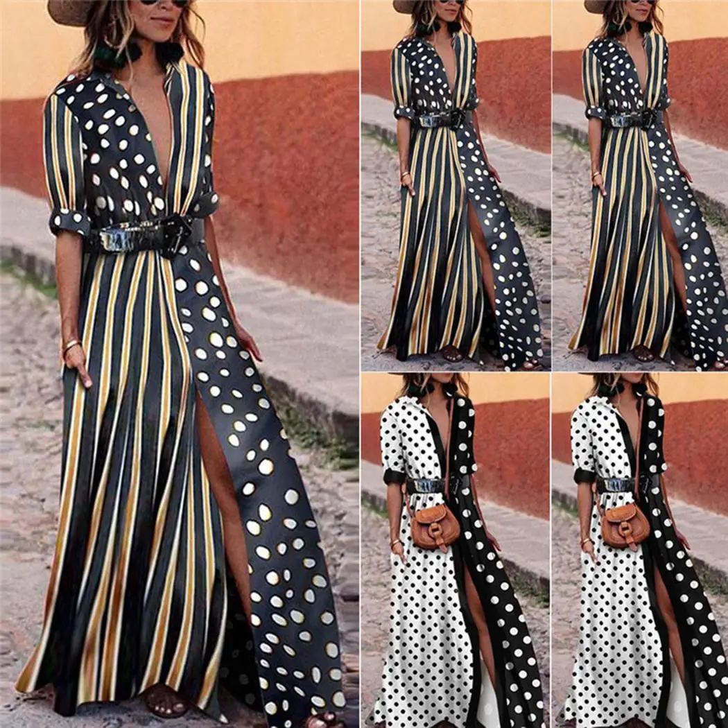 Women Casual Turn-down Collar Half Sleeve Spring, Autumn Striped Dots Dress Loose Ankle Length Medium Waist
Women Casual Turn-down Collar Half Sleeve Spring, Autumn Striped Dots Dress Loose Ankle Length Medium Waist