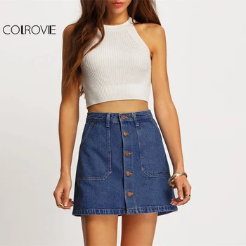 COLROVIE Blue A-line Button Through Denim Skirt Mid Waist Above Knee Shift Skirt With Pocket Women Casual Short Skirt
COLROVIE Blue A-line Button Through Denim Skirt Mid Waist Above Knee Shift Skirt With Pocket Women Casual Short Skirt