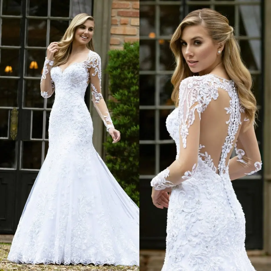 2020 Wedding Dresses V-Neck Long Sleeve Lace Appliques Bridal Gowns Custom Made Sweep Train Mermaid Wedding Dress
2020 Wedding Dresses V-Neck Long Sleeve Lace Appliques Bridal Gowns Custom Made Sweep Train Mermaid Wedding Dress