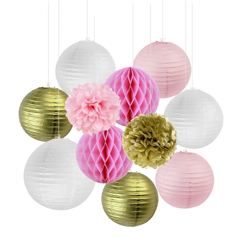 Set of 11 Gold and Pink Paper Decoration Honeycomb BallsPaper LanternsTissue Paper Pom Pom Wedding Birthday Party Decor (5)