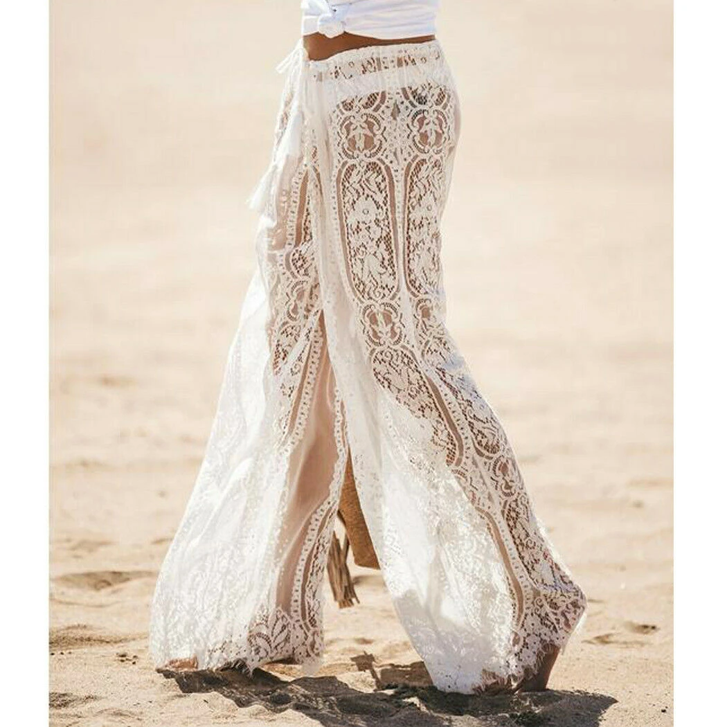Women Summer Beach Cover Up Lace Bottoms Flare Trousers Mid Waisted Wide Leg Long Pants Ladies See Through Casual Loose 2019
Women Summer Beach Cover Up Lace Bottoms Flare Trousers Mid Waisted Wide Leg Long Pants Ladies See Through Casual Loose 2019