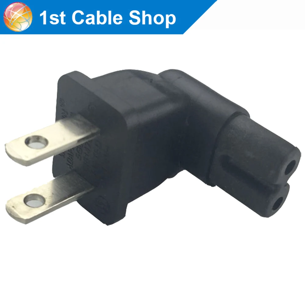US 2 Prong Right Angle AC power Plug Adapter IEC figure 8 C7 receptacle to NEMA 1-15P
US 2 Prong Right Angle AC power Plug Adapter IEC figure 8 C7 receptacle to NEMA 1-15P