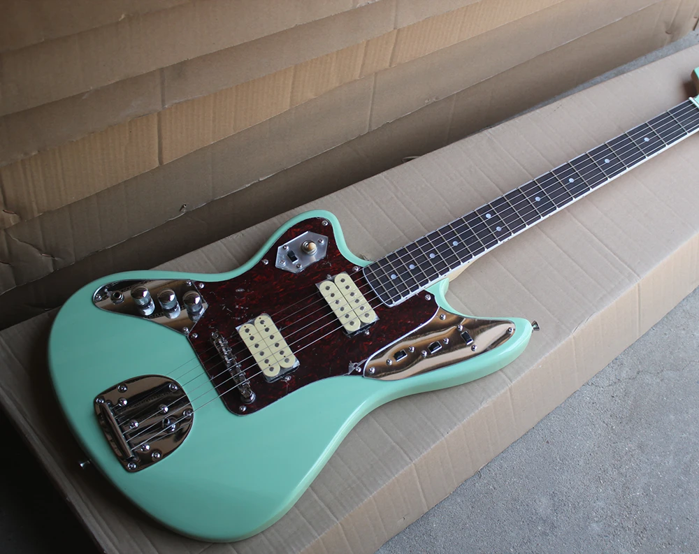 

Factory Left Handed Light Green Electric Guitar with Reverse Headstock,Red Pickguard,Rosewood Fretboard,Can be Customized