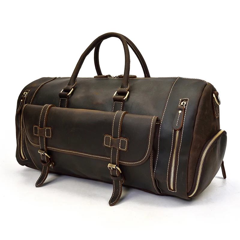 a genuine leather duffle in coffee color with a vintage design
