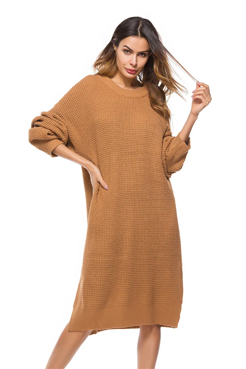 2018 spring new European and American large size women's knit dress loose long knit sweater women (33)