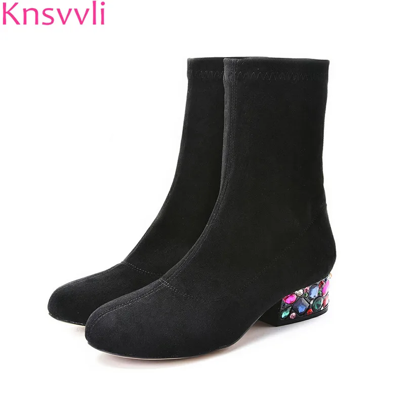 Knsvvli crystal heel stretch boots women black suede round toe low heel slip on ankle boots fashion rhinestone boots women
Knsvvli crystal heel stretch boots women black suede round toe low heel slip on ankle boots fashion rhinestone boots women