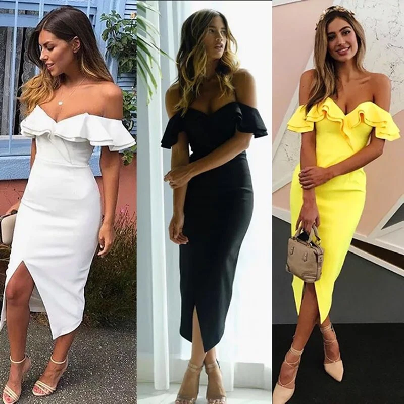 HIGH STREET New Fashion Runway 2020 Designer Party Dress Women's Slash Neck Off The Shoulder Ruffle Bodycon Bandage | Женская одежда