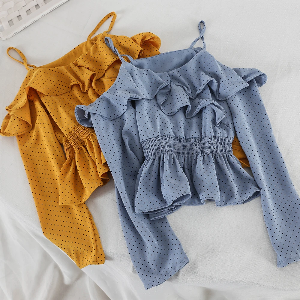 Women Summer Slash Neck Pullover Basic Shirt Casual Short Elastic Slim High Waist Polka Dot Chiffon Strap Ruffles Blouse Tops
Women Summer Slash Neck Pullover Basic Shirt Casual Short Elastic Slim High Waist Polka Dot Chiffon Strap Ruffles Blouse Tops