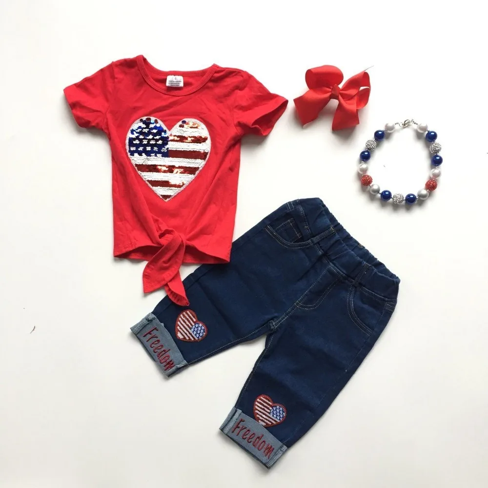 July 4th independence day girls Jeans capris children clothes boutique heart-shaped red top tie denims match accessories
July 4th independence day girls Jeans capris children clothes boutique heart-shaped red top tie denims match accessories