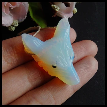 

Semi-precious stones Carved Opalite Wolf head pendants jewelry making,36x37x14mm,11.9g