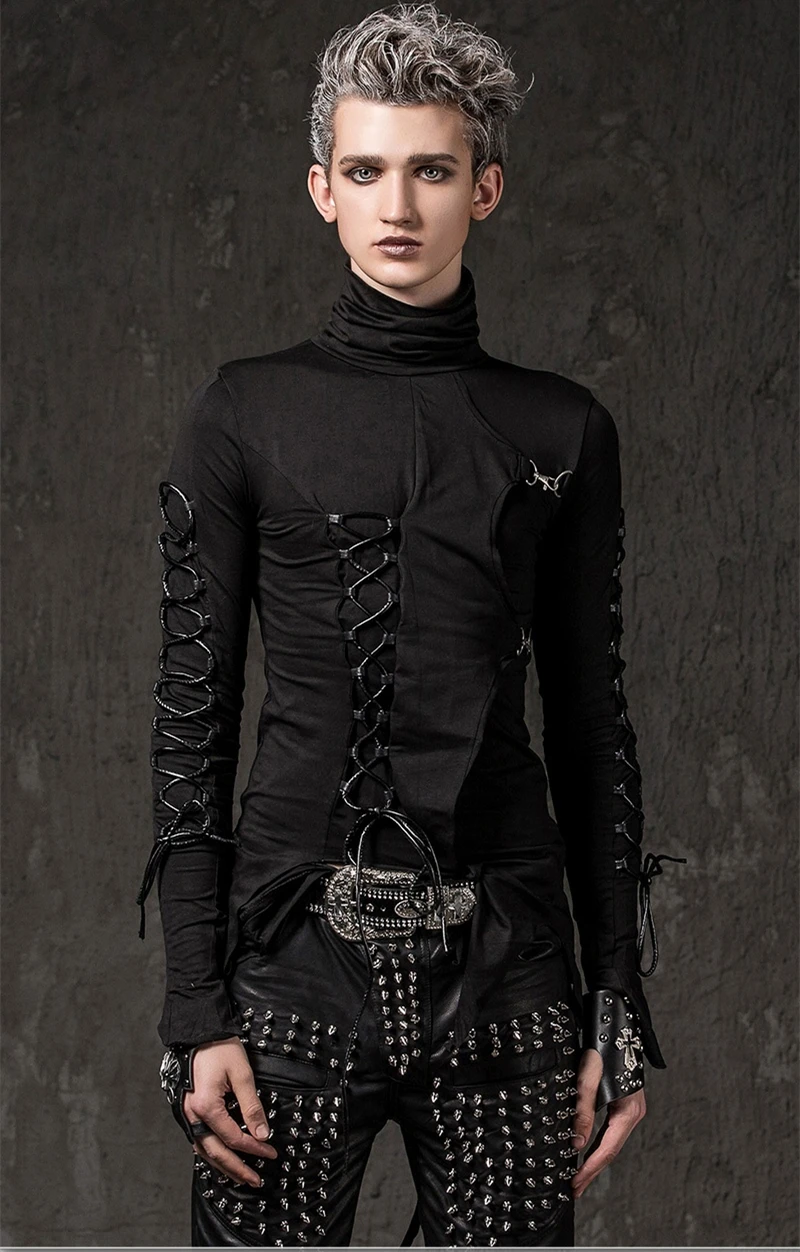 Mens Pullover Turtleneck Slim Fit Personalized Tee Lace UP Punk Casual Shirt Top Mens Pullover Turtleneck Slim Fit Personalized Tee Lace UP Punk Casual Shirt Top