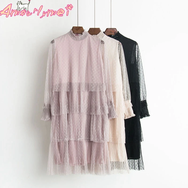 2018 Spring New Women Stand Collar Polka Dot Multi-layer Mesh Lace Ruffles Pleated Cake Dress Mori Girl Lolita Kawaii Dresses
2018 Spring New Women Stand Collar Polka Dot Multi-layer Mesh Lace Ruffles Pleated Cake Dress Mori Girl Lolita Kawaii Dresses
