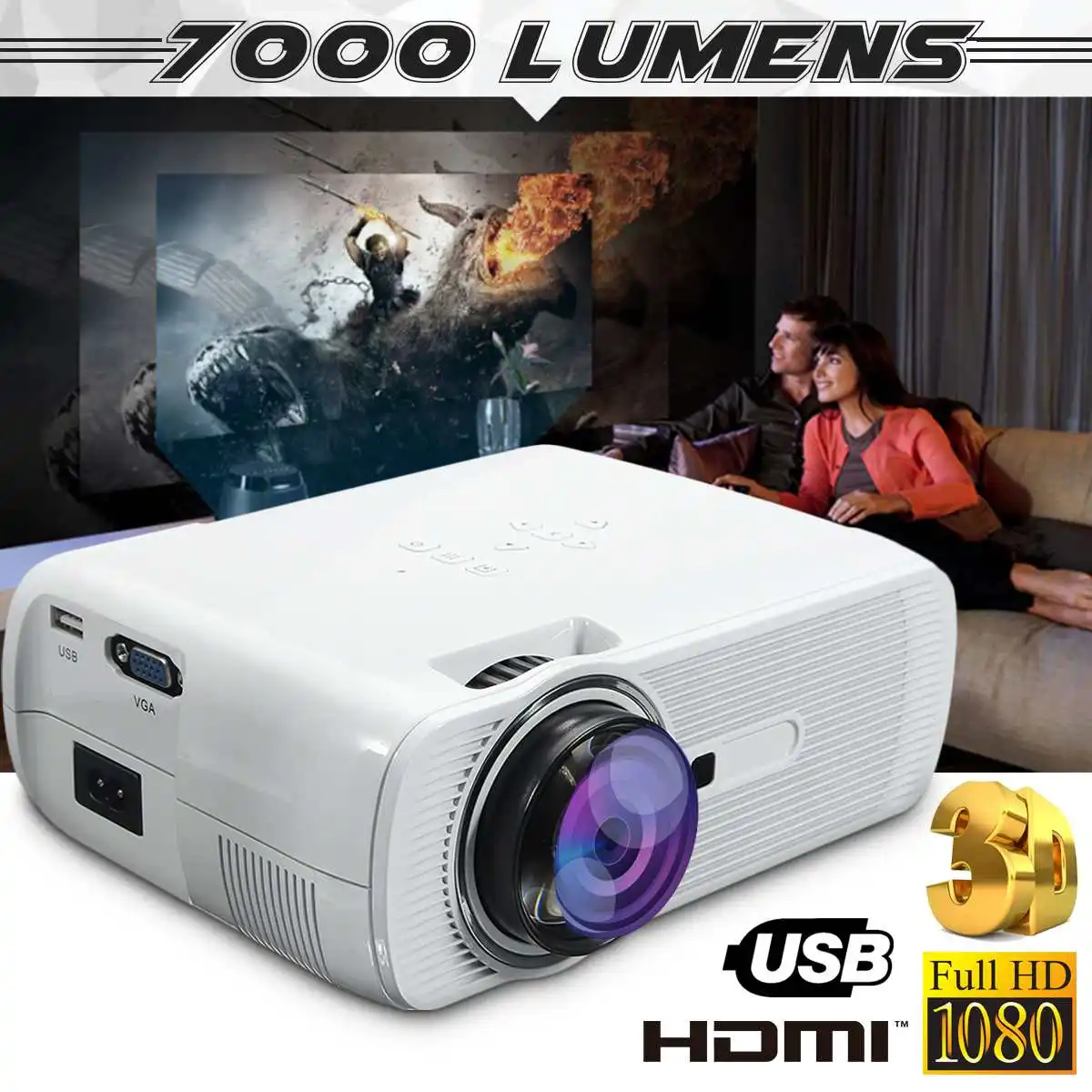 

7000 Lumens HD LED Projector 3D Portable Multimedia Beamer Screen Home Theater Cinema LCD Wireless HDMI AV/VGA/USB/SD/HDMI/TV
