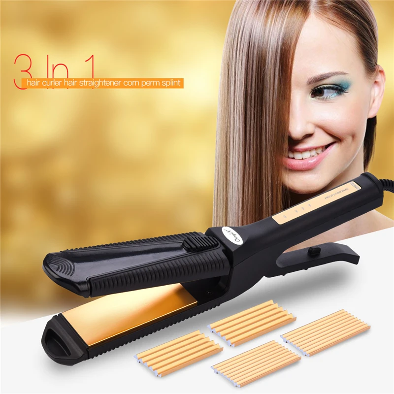 

CkeyiN Interchangeable 3 in 1 Titanium Plate Hair Crimper Straightener Corn Waver Corrugated Curling Iron Temperature Control 36