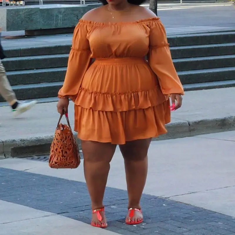 Orange Plus Size Party Elegant Vintage Women Mini Dress Off Shoulder High  Waist Falbala Plain Female African Style Dress Ruffles