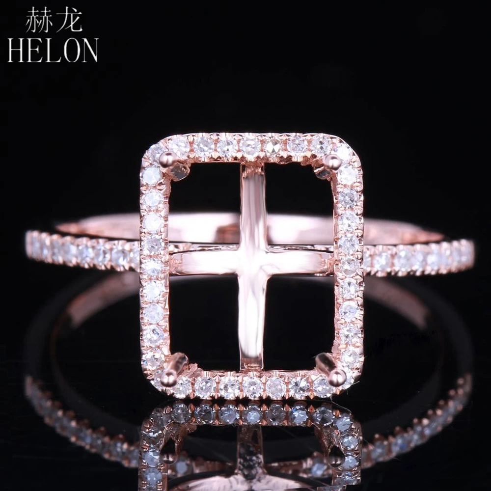 

HELON 8.5x6.5-9x7mm Emerald Cut Solid 14k (585) Rose Gold Real Natural Diamonds Halo Semi Mount Engagement Wedding Jewelry Ring