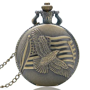 

Vintage Bronze US Flag Eagle Design Quartz Pocket Watch with Necklace Chain Retro Fob Watches for Men Women Reloj de bolsillo