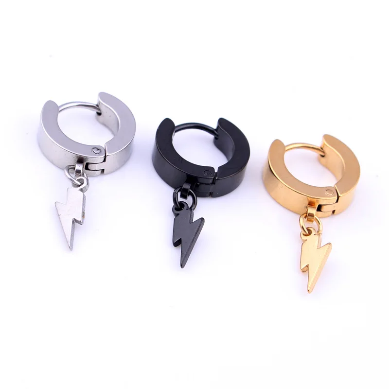 Fashion Men Women Punk Small Circle Earrings Titanium Steel Silver Gold Black Flashing Lightning Charm Hoop Huggie Earring
Fashion Men Women Punk Small Circle Earrings Titanium Steel Silver Gold Black Flashing Lightning Charm Hoop Huggie Earring