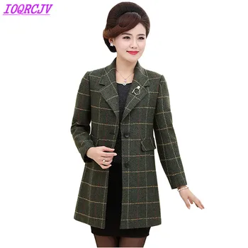 

2018 Spring Autumn Women Woolen Coat Fashion Middle aged Female Plaid Outerwear Plus size Loose Woolen cloth Coats IOQRCJV H156