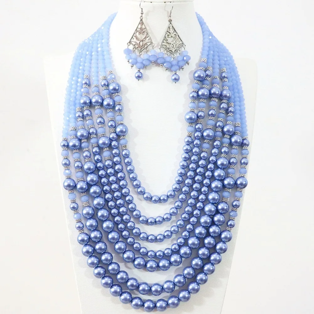 Exquisite 7 rows necklace earrings light blue round shell simulated-pearl abacus crystal beads diy jewelry set 19-27.5inch B1312 | Украшения
