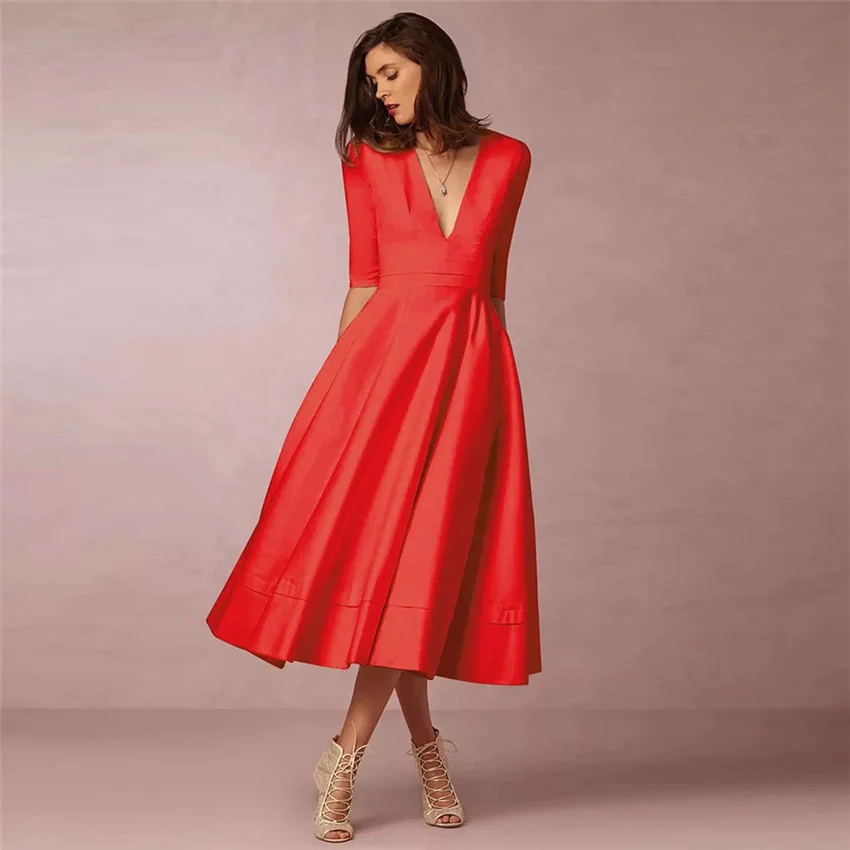 Summer deep V Neck Dress Women half Sleeve Vintage Sash Pleated Midi Beach Dress Casual red black blue A Line Dress vestidos
Summer deep V Neck Dress Women half Sleeve Vintage Sash Pleated Midi Beach Dress Casual red black blue A Line Dress vestidos