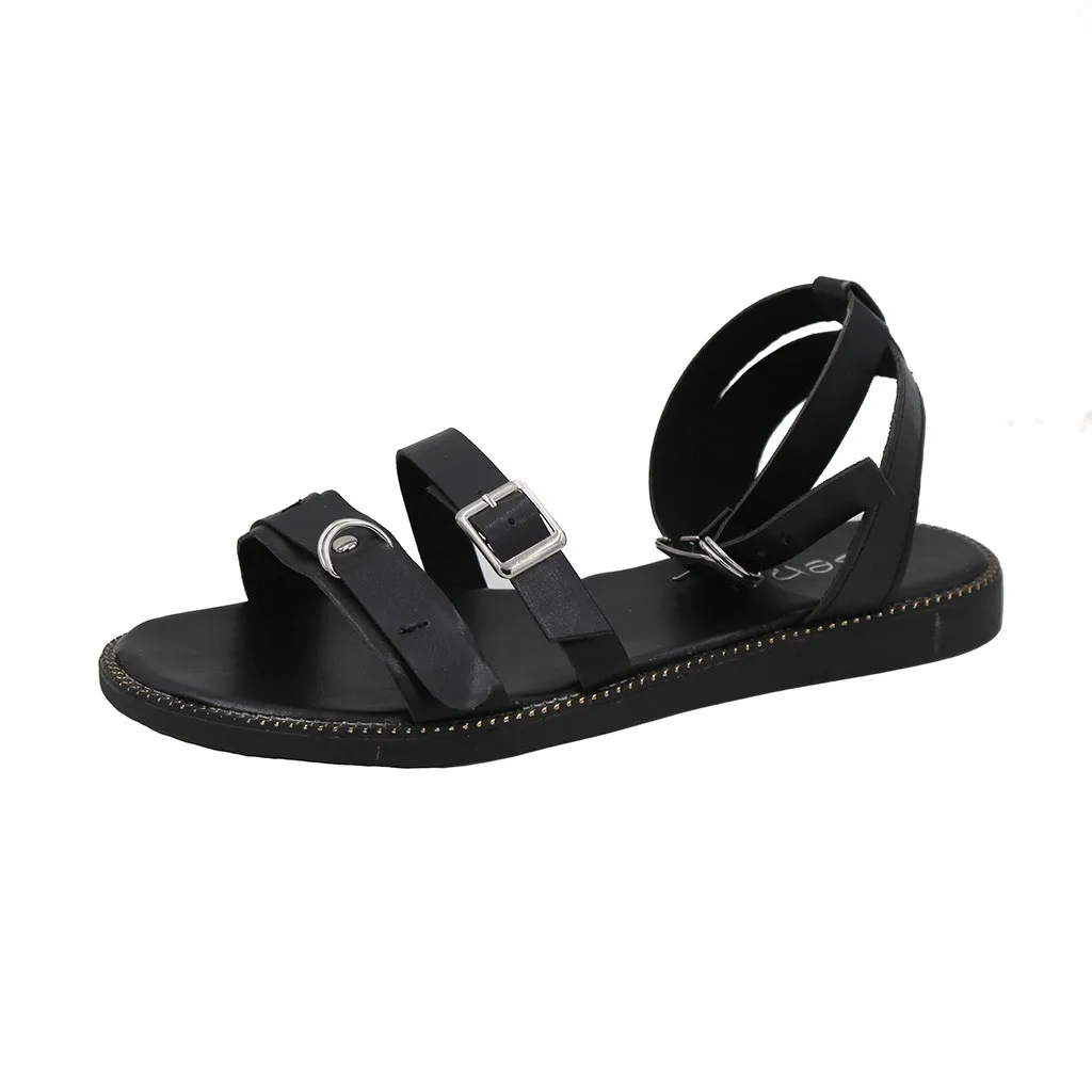 Фото Женские пляжные сандалии SAGACE черные босоножки на плоской подошве с открытым