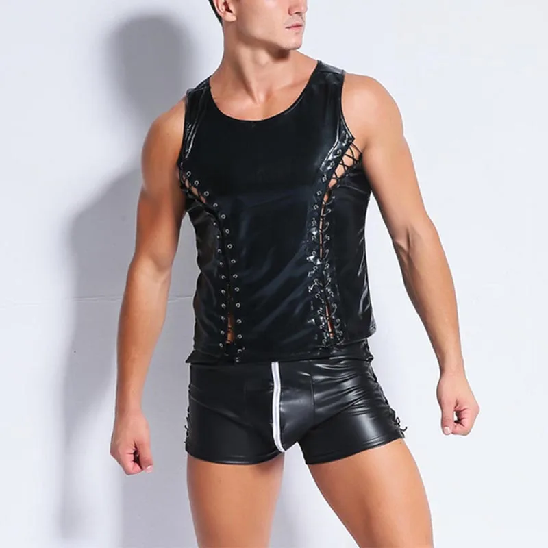 New Mens Sleeveless Lace Up Vest Top Leather Tshirts Sexy Men Fashion Tight Tank Faux Leather Undershirts Gay Fitness Tops Tees
New Mens Sleeveless Lace Up Vest Top Leather Tshirts Sexy Men Fashion Tight Tank Faux Leather Undershirts Gay Fitness Tops Tees