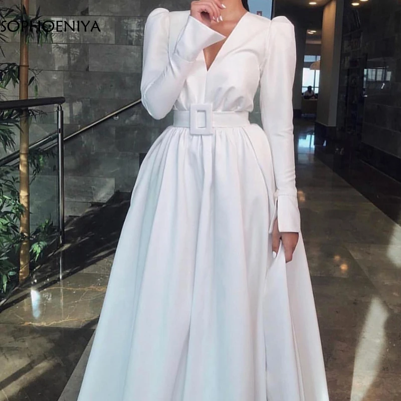 New Arrival V Neck Long sleeve evening dresses Satin White Simple evening gowns A-Line long dress 2019 muslim evening dress
New Arrival V Neck Long sleeve evening dresses Satin White Simple evening gowns A-Line long dress 2019 muslim evening dress
