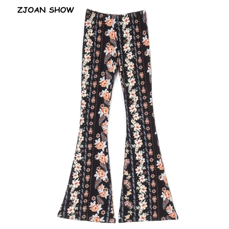 

BOHO Black Flower Print Flare Pants Sexy Women Bohemian Tribal African Print Long Trousers Bell Bottom Leggings Hippie Pants