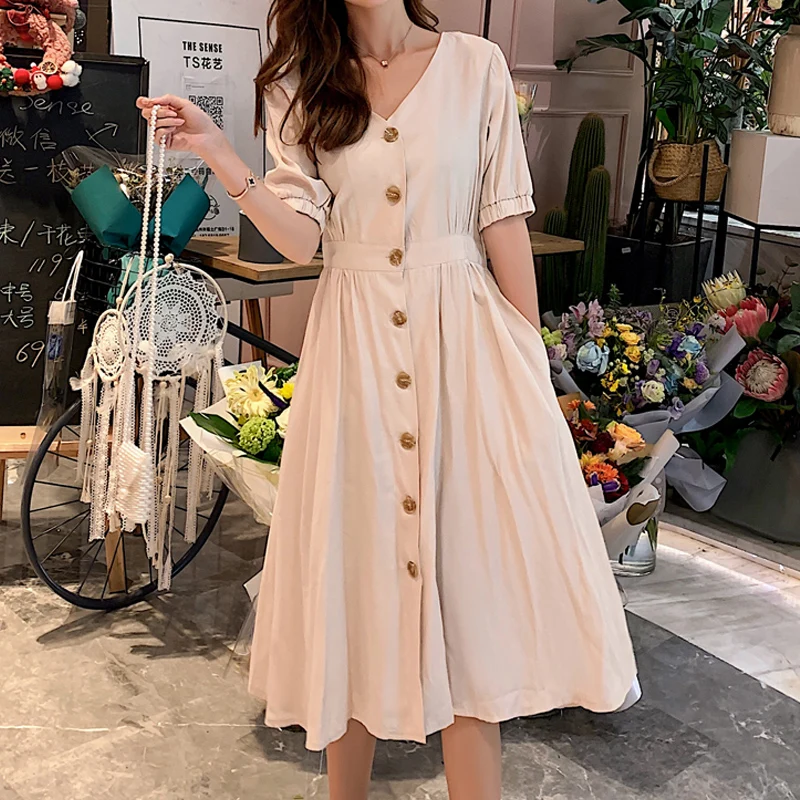 Vintage Elegant Button Women Dress V neck Short Seeve Cotton Linen Long Summer Dresses Casual Korean Female Vestidos 2019 festa
Vintage Elegant Button Women Dress V neck Short Seeve Cotton Linen Long Summer Dresses Casual Korean Female Vestidos 2019 festa