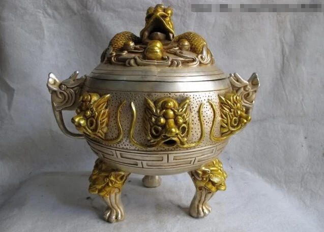 song voge gem S0449 Chinese White Copper Silver Gilt Buddhism Six Dragon Head incense burner Censer
song voge gem S0449 Chinese White Copper Silver Gilt Buddhism Six Dragon Head incense burner Censer