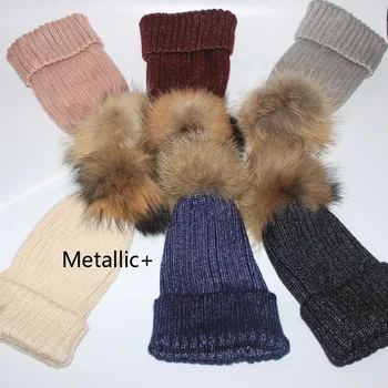 Metallic thread Winter Warm Real fur pompom hat women Bright silk and cotton knitted pom pom Beanies 
Metallic thread Winter Warm Real fur pompom hat women Bright silk and cotton knitted pom pom Beanies
